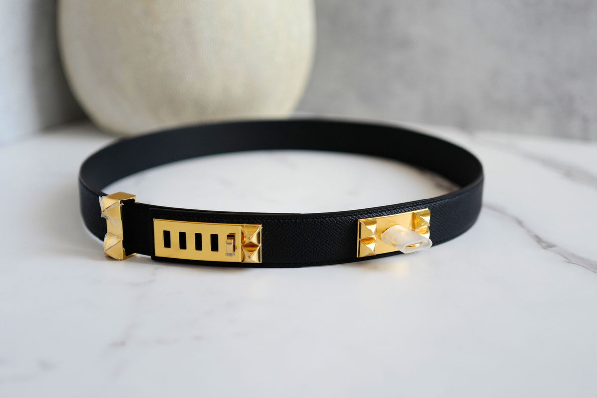 BNIB Hermes Womens Belt Collier De Chien 32 Epsom Noir Black Gold HW Size 85