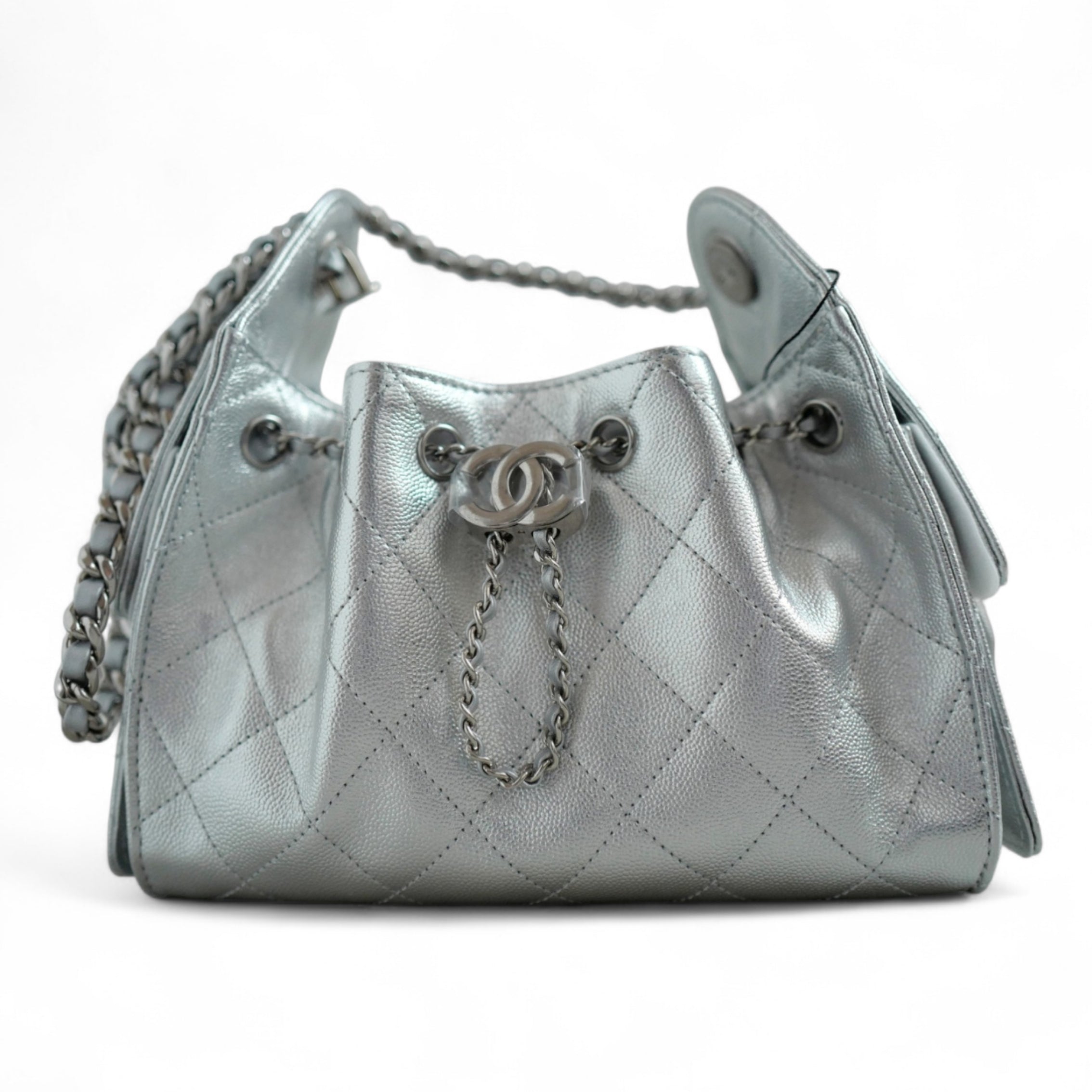 BNIB Chanel 26C Mini Hobo Metallic Silver Grained Calfskin Shoulder Ba