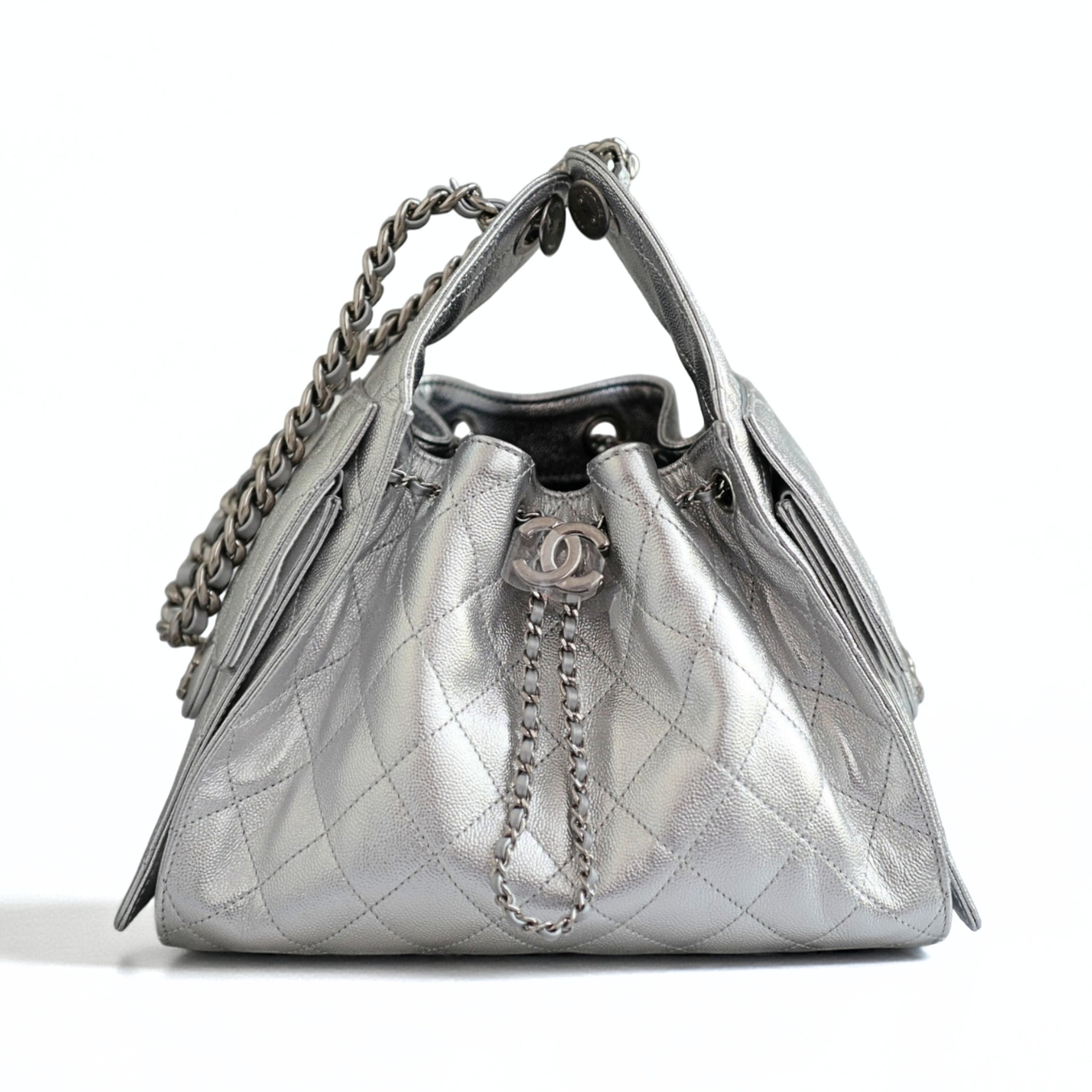 BNIB Chanel 26C Small Hobo Metallic Silver Grained Calfskin Shoulder Bag