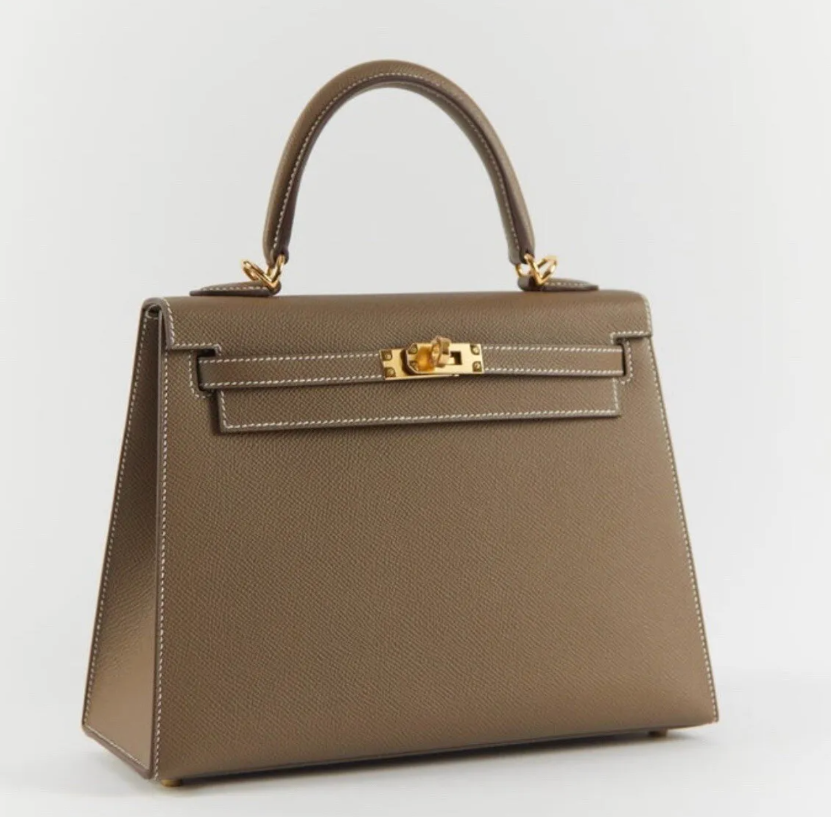 BNIB Hermes Kelly 25 Etoupe Epsom Sellier Gold HW B Complete Original Rec