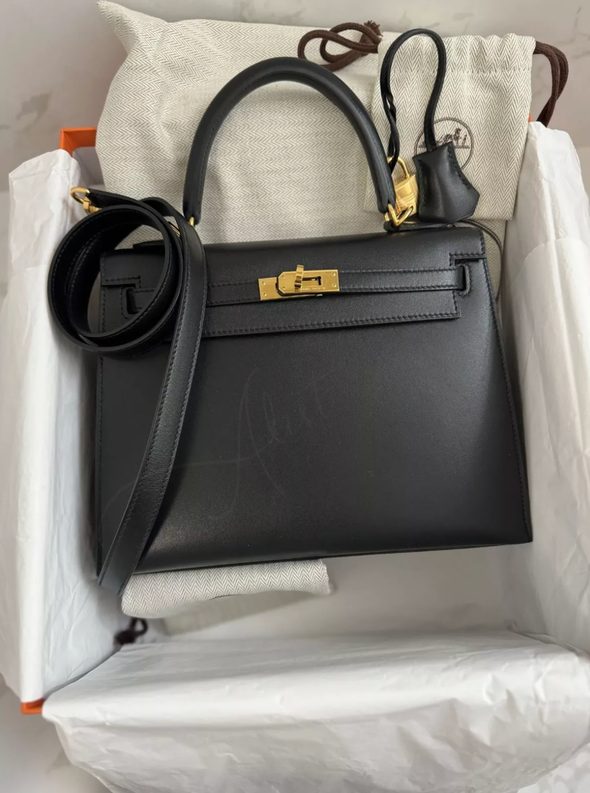 Hermes Kelly 25 Black Tadelakh Sellier Gold HW Complete Original Receipt NEW