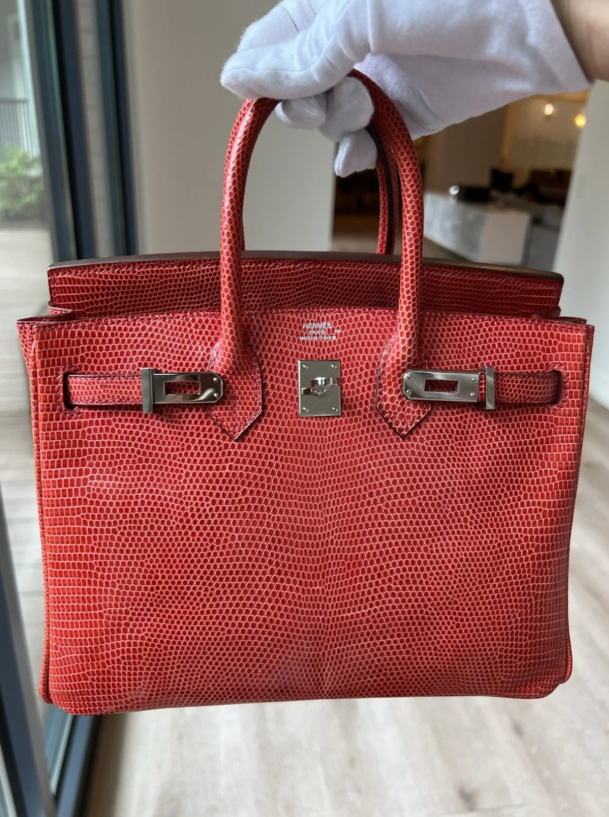 Hermes Birkin 25 Lizard In Bougainvillea Red With Palladium HW