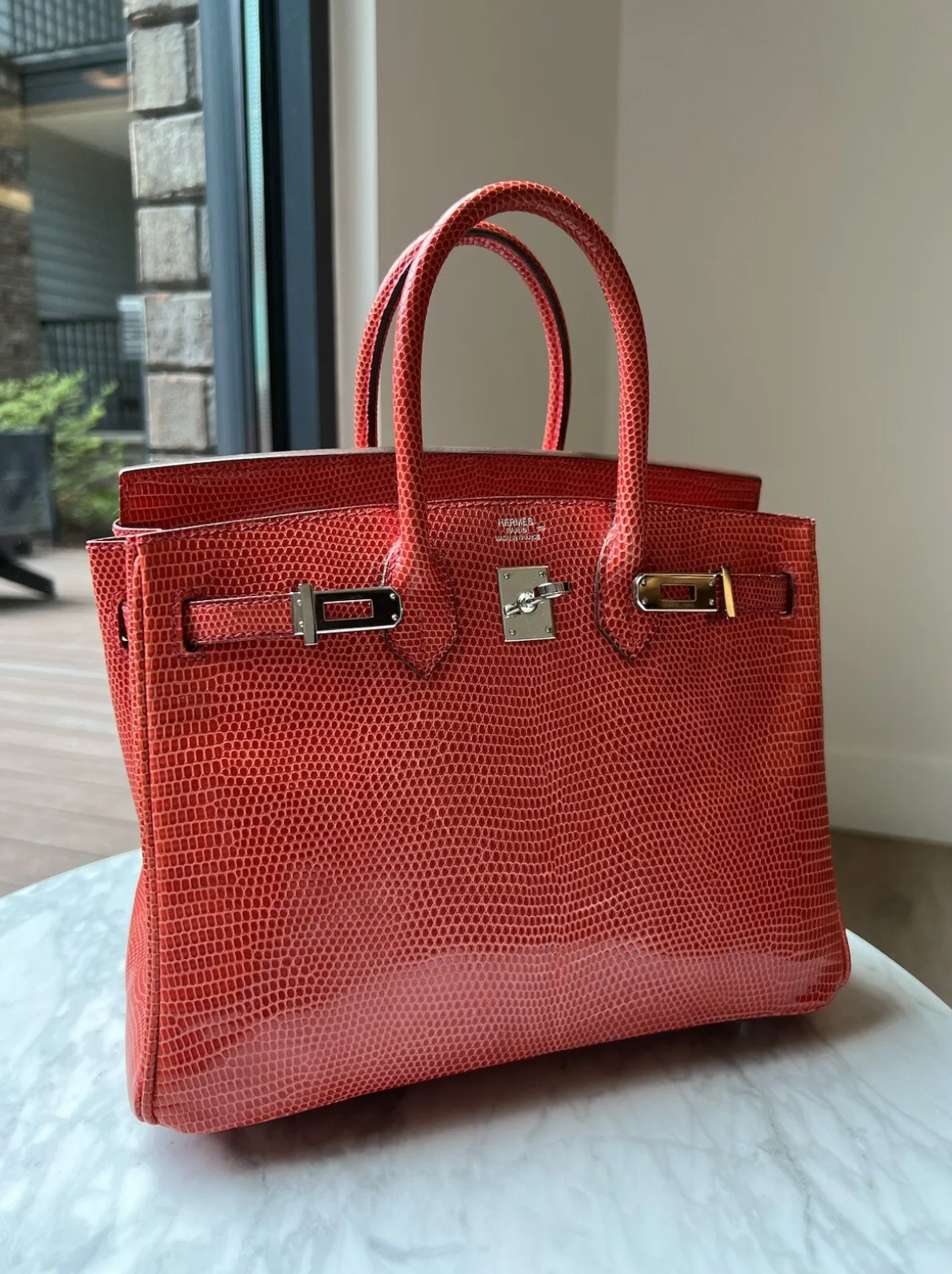 Hermes Birkin 25 Lizard In Bougainvillea Red With Palladium HW