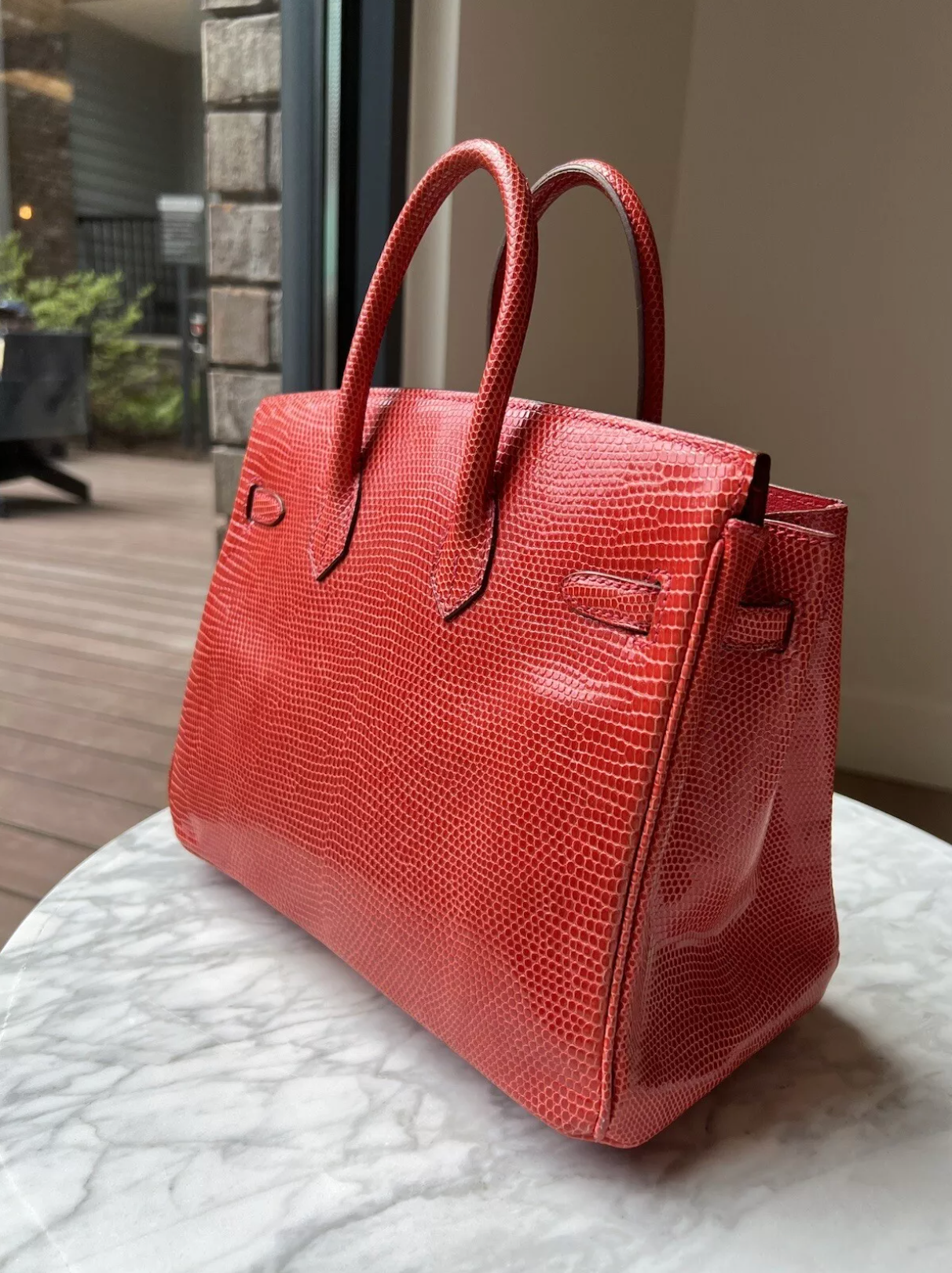 Hermes Birkin 25 Lizard In Bougainvillea Red With Palladium HW