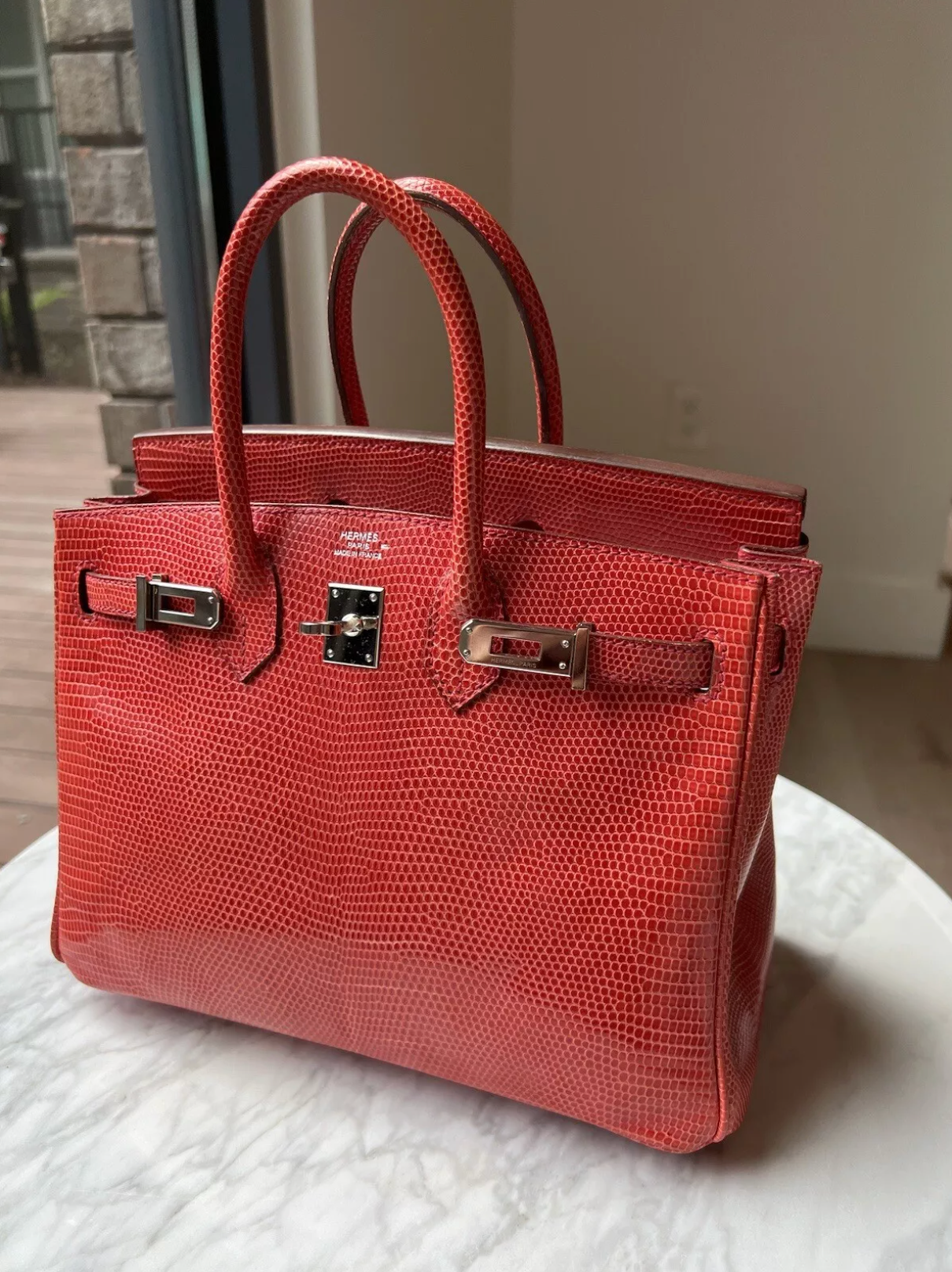 Hermes Birkin 25 Lizard In Bougainvillea Red With Palladium HW