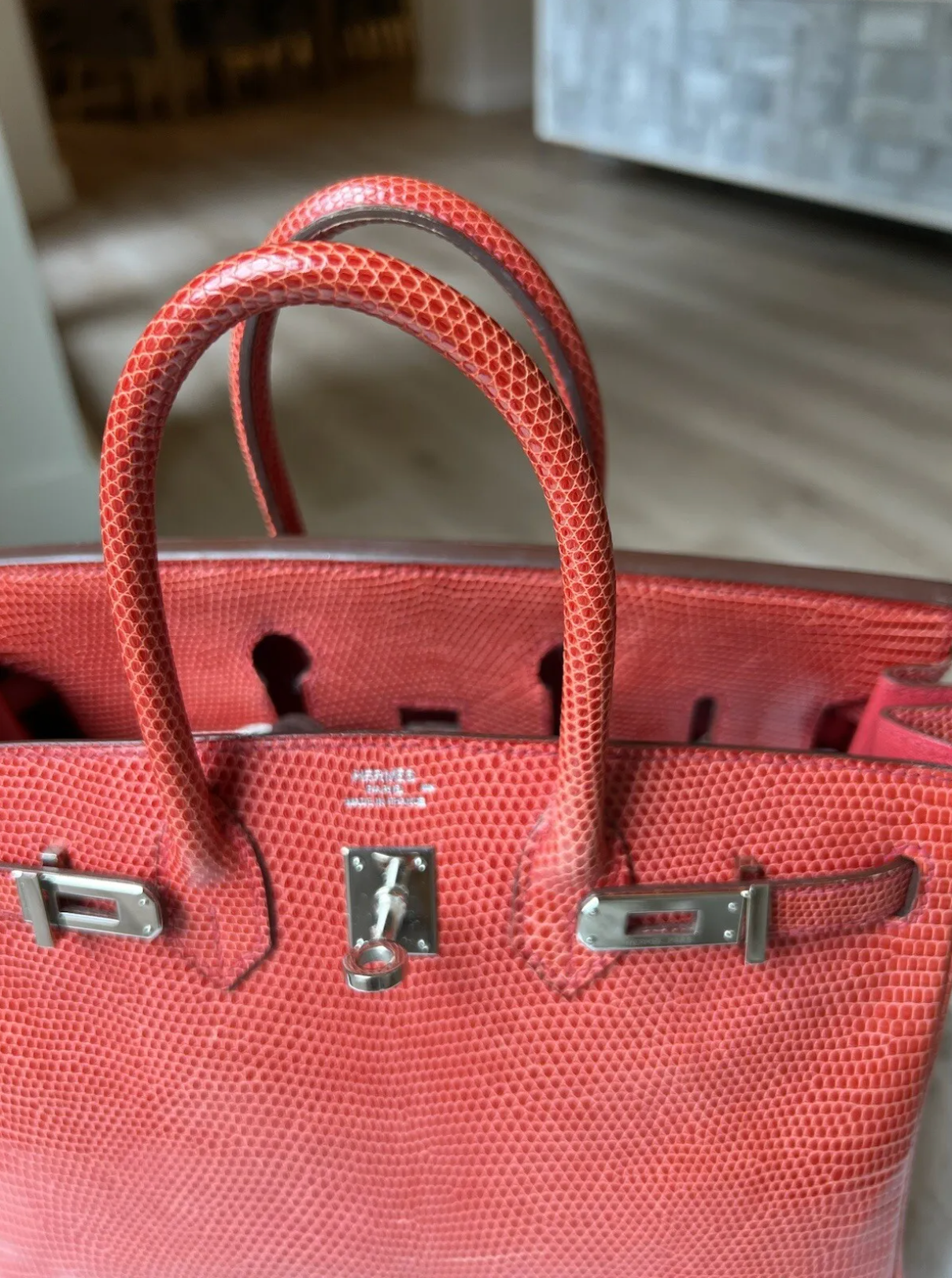 Hermes Birkin 25 Lizard In Bougainvillea Red With Palladium HW