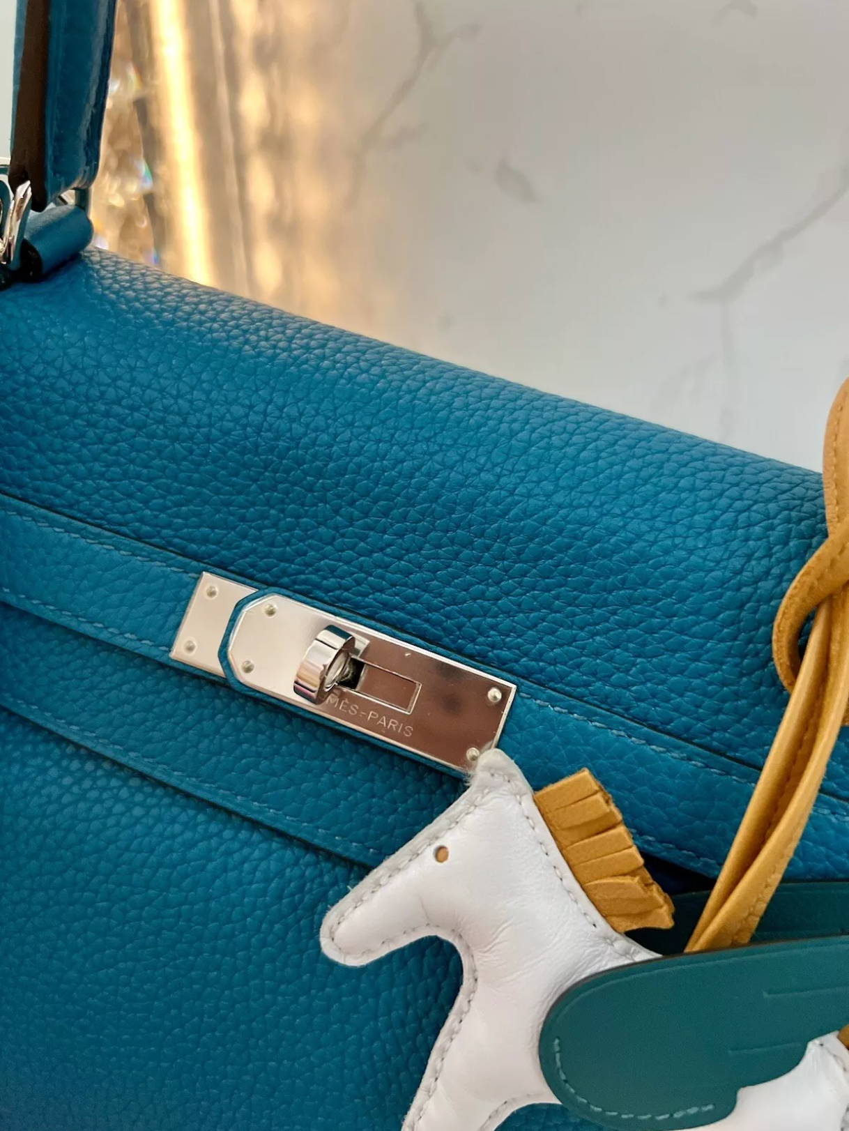 Preowned Hermes Kelly 35 In Turqoise Retourne With Amazon Strap Palladium