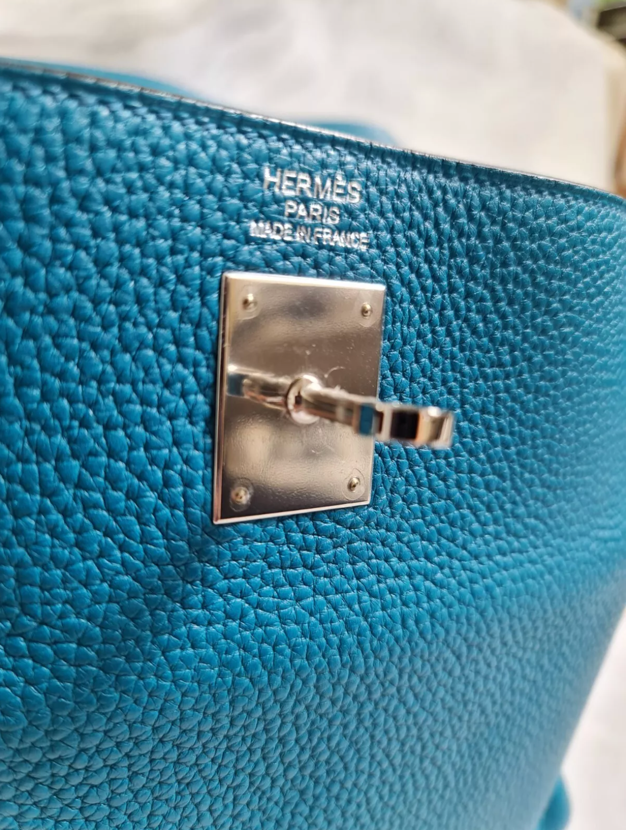 Preowned Hermes Kelly 35 In Turqoise Retourne With Amazon Strap Palladium