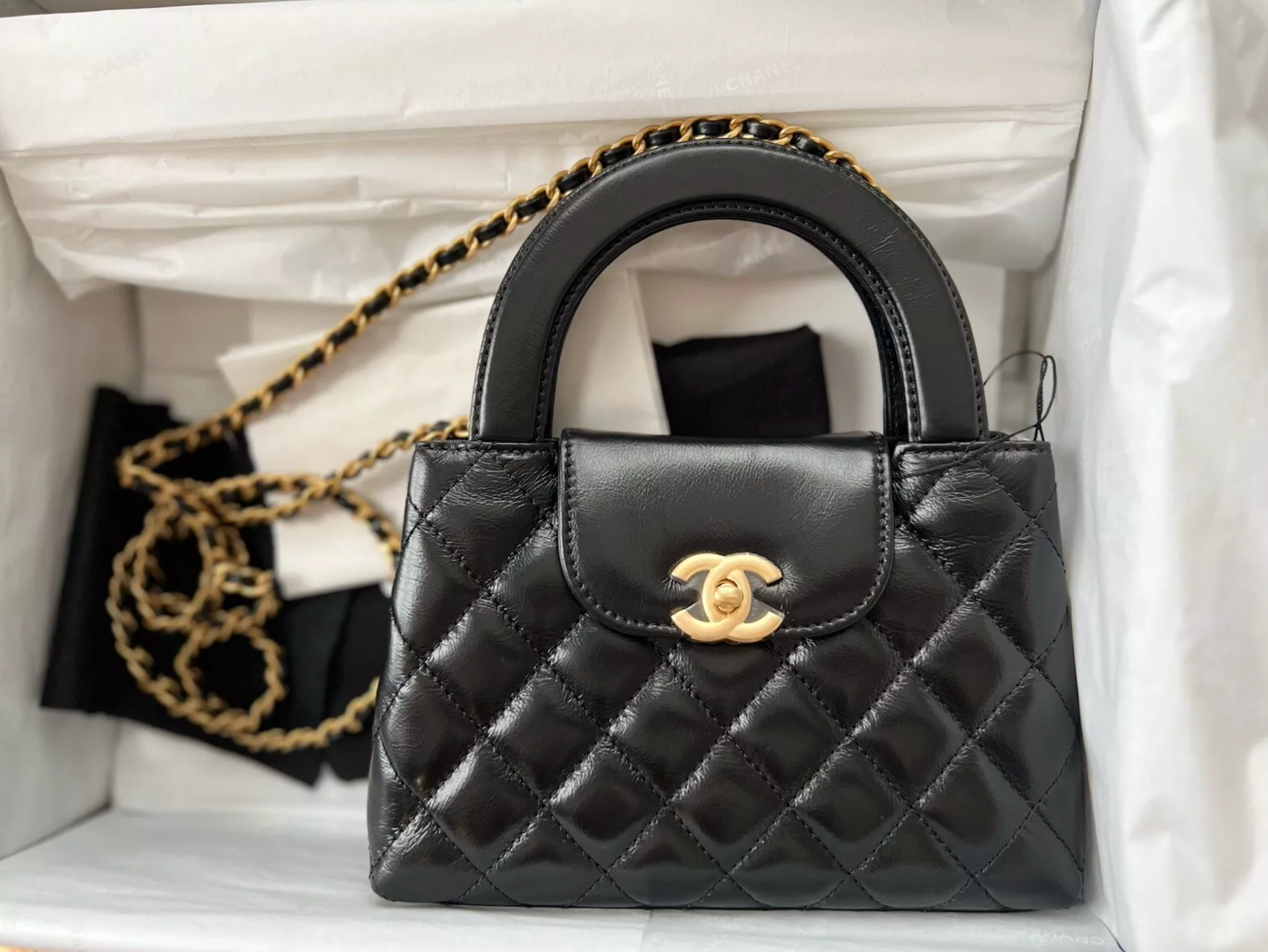 BNIB Chanel Nano Shopping Bag Shiny Calfskin Gold-Tone Black Small Size 24A