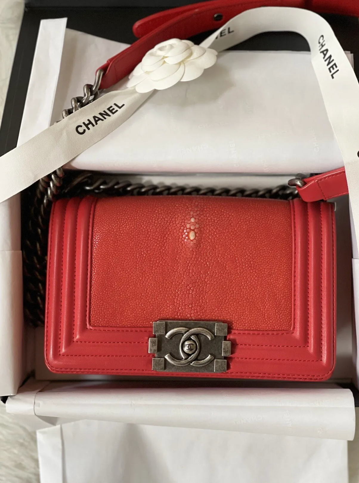 Preloved Chanel Boy Red Small In Stingray Ruthenium HW Limited Edition #18