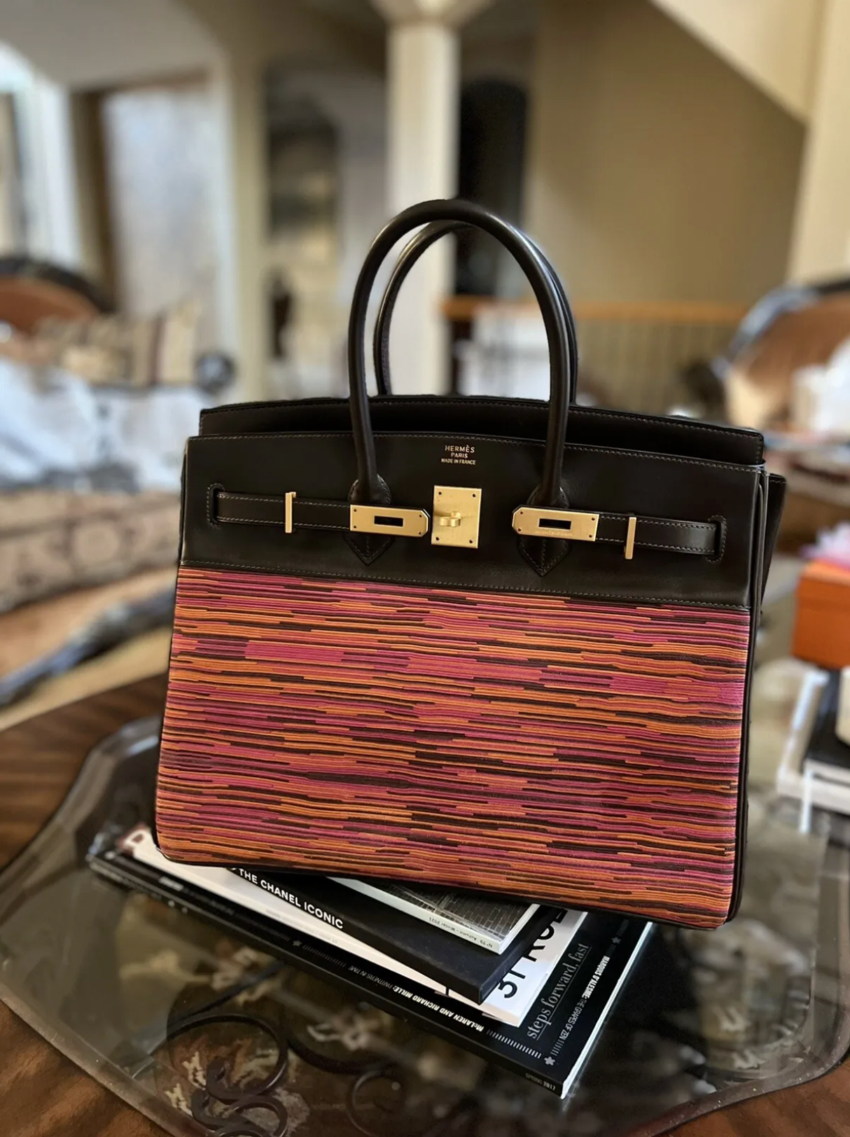 HERMES Birkin 35 Vibrato In Orange/Fuchsia With Havanne In Box Calfskin Gold HW