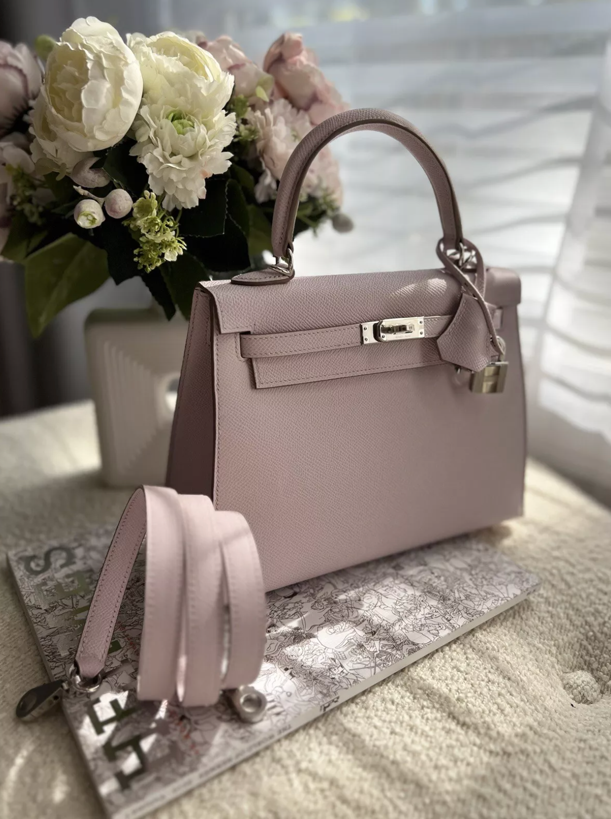 BNIB Hermes Kelly 25 Mauve pale Pink Epsom Sellier Palladium HW 2024