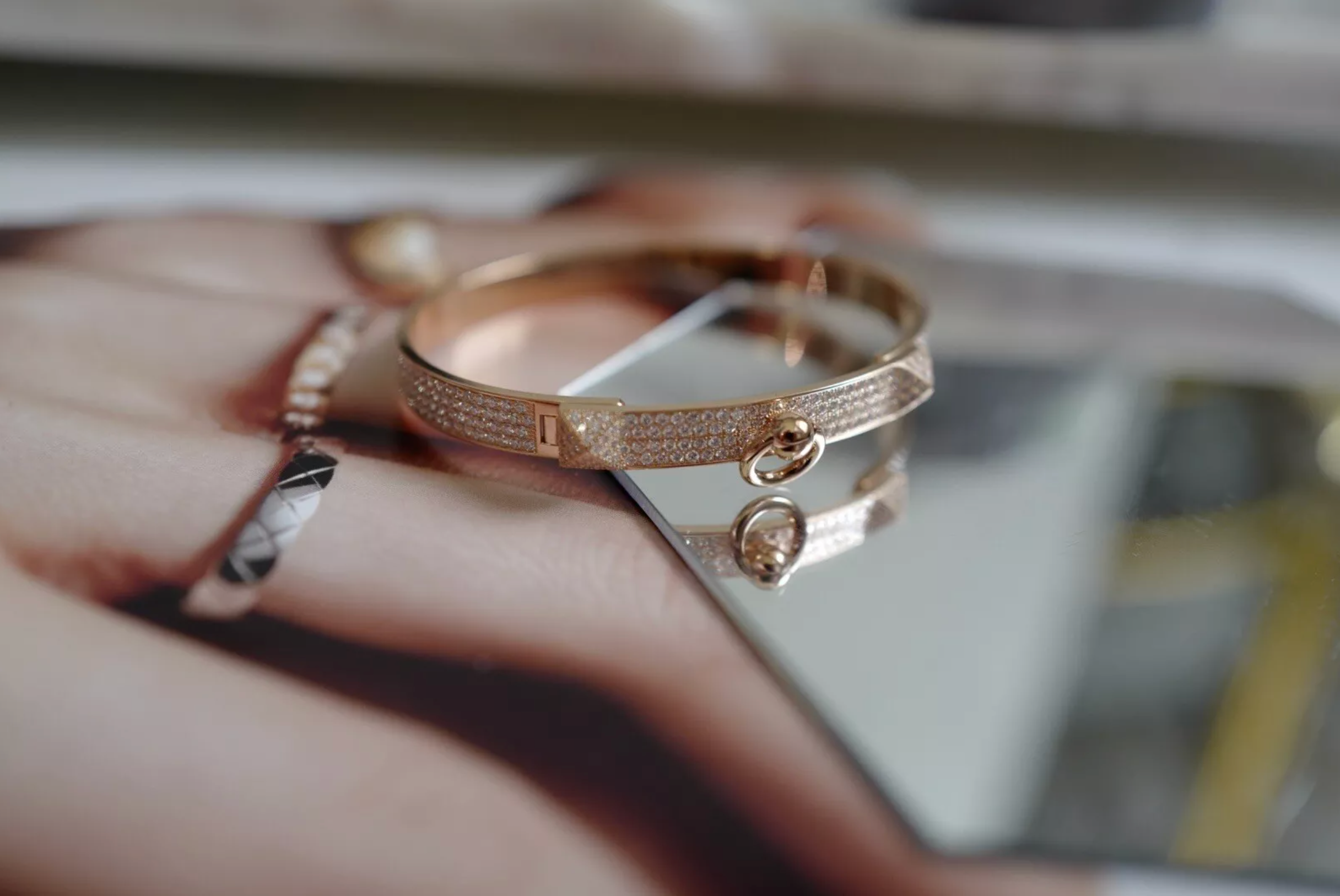 NEW Hermes Collier De Chien Bracelet Rose Gold Full Paved