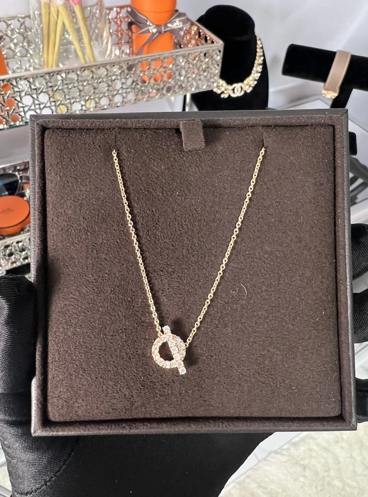 BNIB Hermes Finesse Pendant Necklace 18K Rose Gold and Diamonds NEW