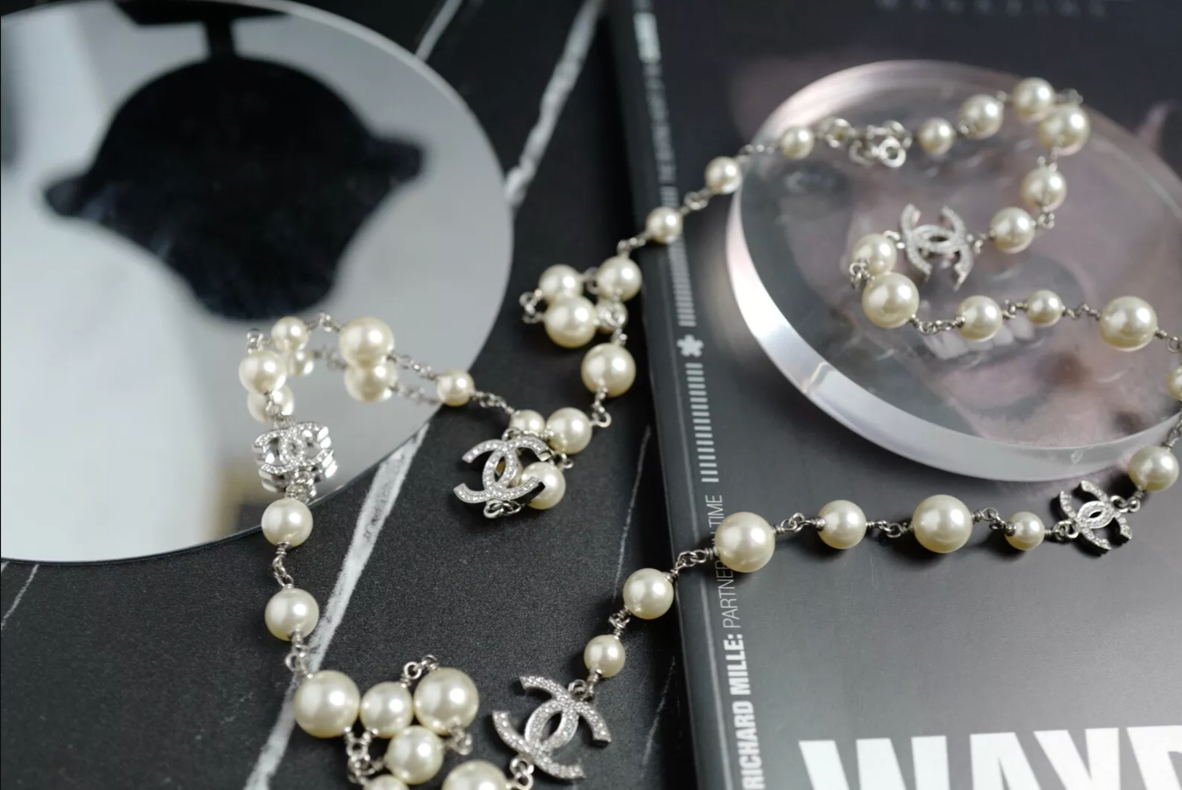 BNIB Chanel CC Pearl Silver Hardware Long Necklace with Crystals 24C