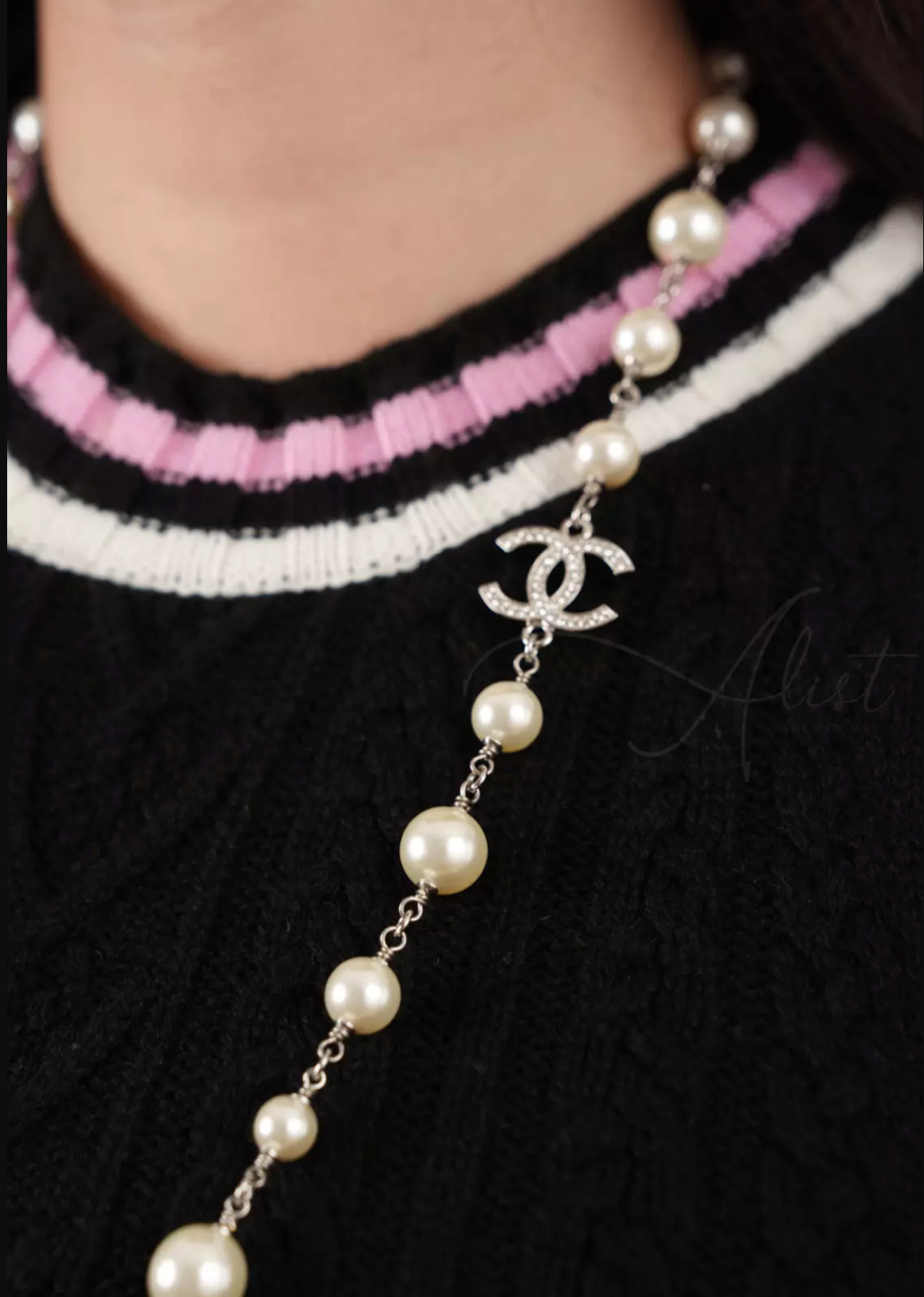 BNIB Chanel CC Pearl Silver Hardware Long Necklace with Crystals 24C