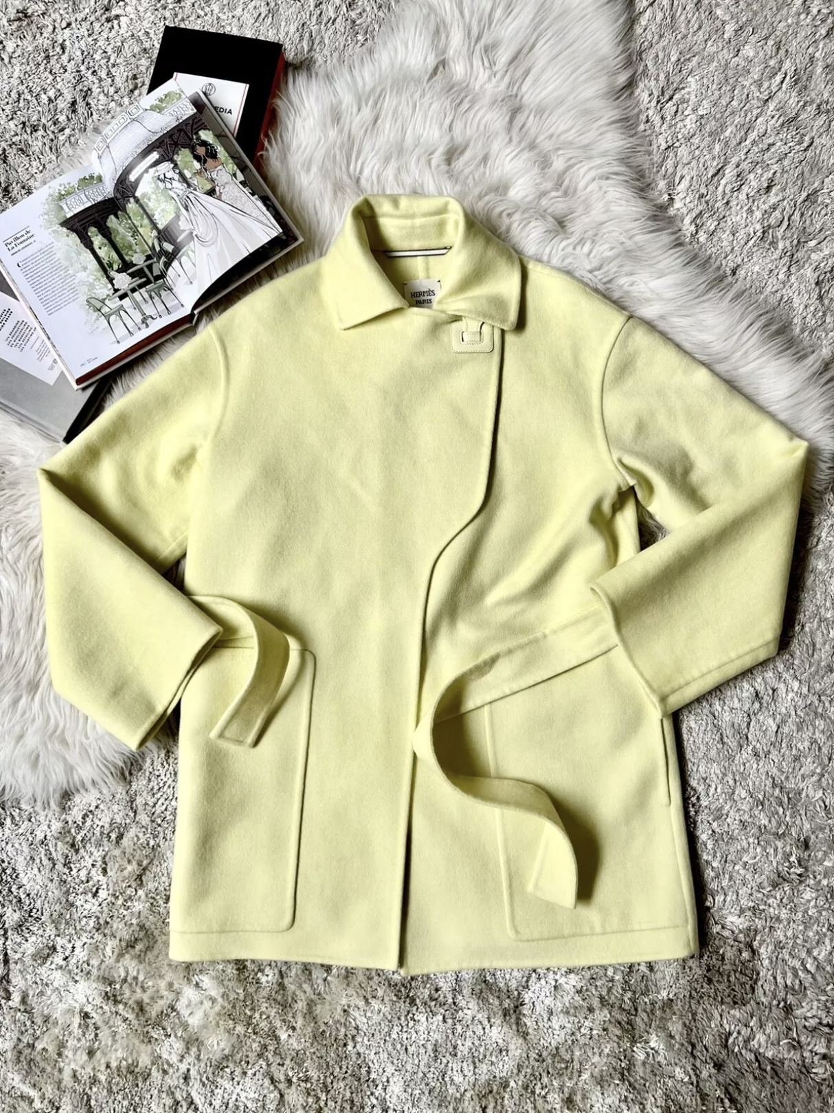 BNIB Hermes Double Cashmere Long Coat size 34 In Lime With Leather $8K Retail!