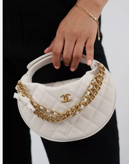 BNIB Chanel 24S White Calfskin Pouch Bag on Gold Chain