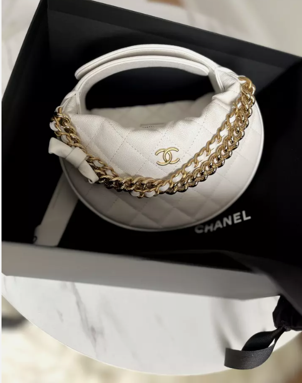 BNIB Chanel 24S White Calfskin Pouch Bag on Gold Chain