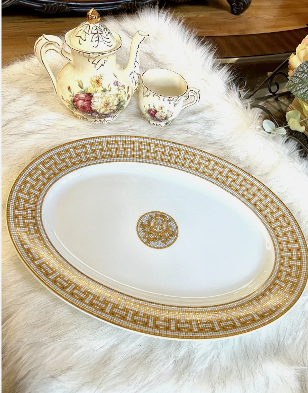 Hermes Gold, Grey and White Large Model Mosaique au 24 Gold Oval Platter