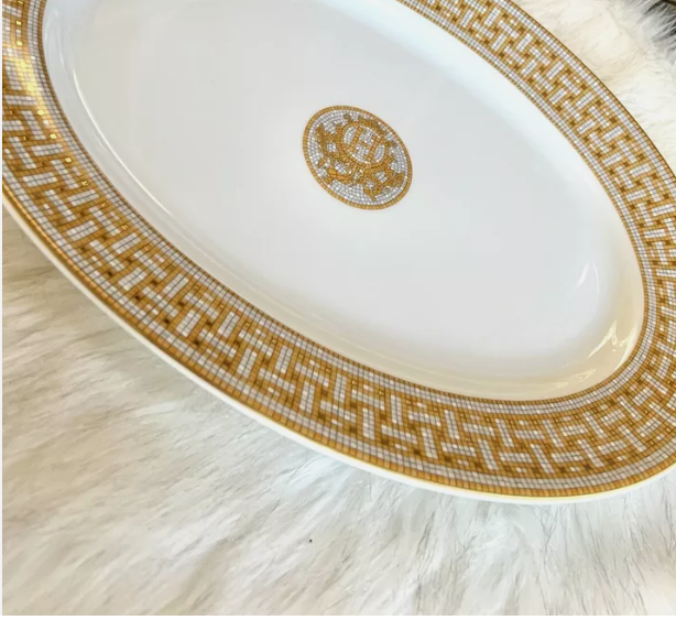 Hermes Gold, Grey and White Large Model Mosaique au 24 Gold Oval Platter