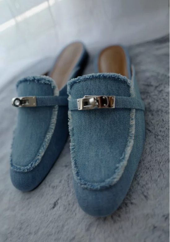 Hermes Women's Oz Mule Canvas in Denim Blue Clair with Palladium Size 38