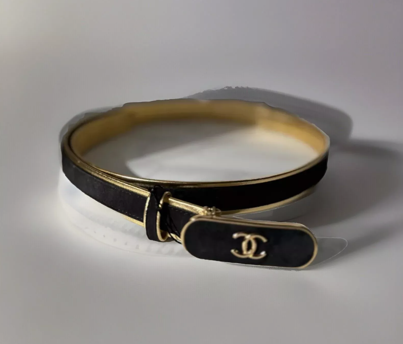 Chanel 24S Womens Leather Belt in Goatskin, Lambskin & Metal Black & Gold 80