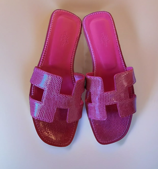 BNIB Hermes Oran Sandal Lizard In Rose Flash Pink Size 38