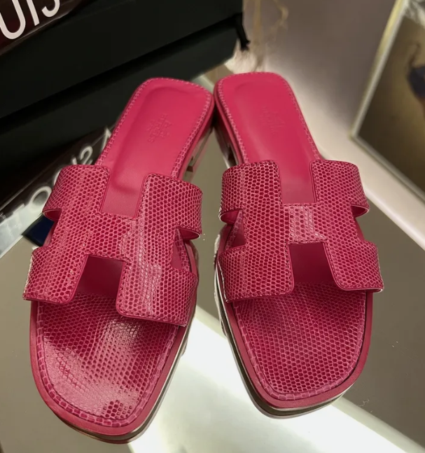 BNIB Hermes Oran Sandal Lizard In Rose Flash Pink Size 38