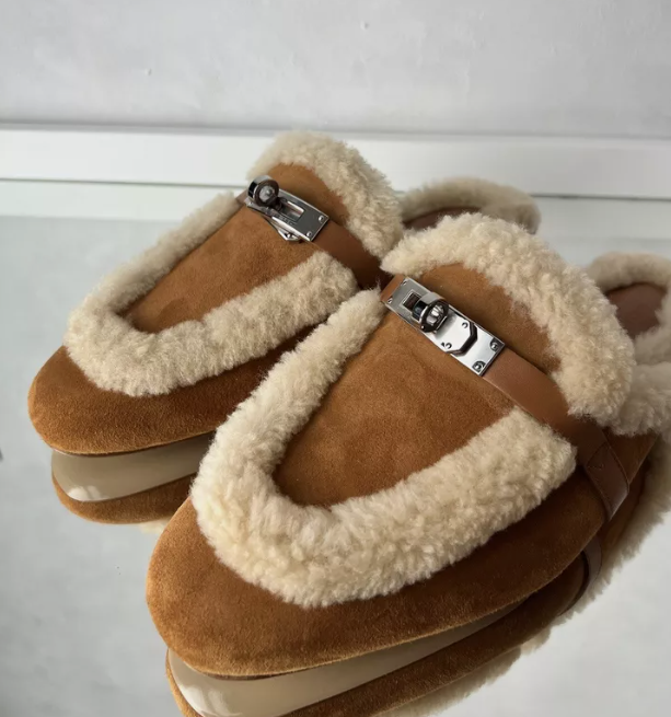 BNIB Hermes Oz Mule Shearling Naturel Suede/calfskin Palladium Hardware Size 37