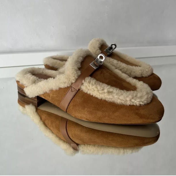 BNIB Hermes Oz Mule Shearling Naturel Suede/calfskin Palladium Hardware Size 37