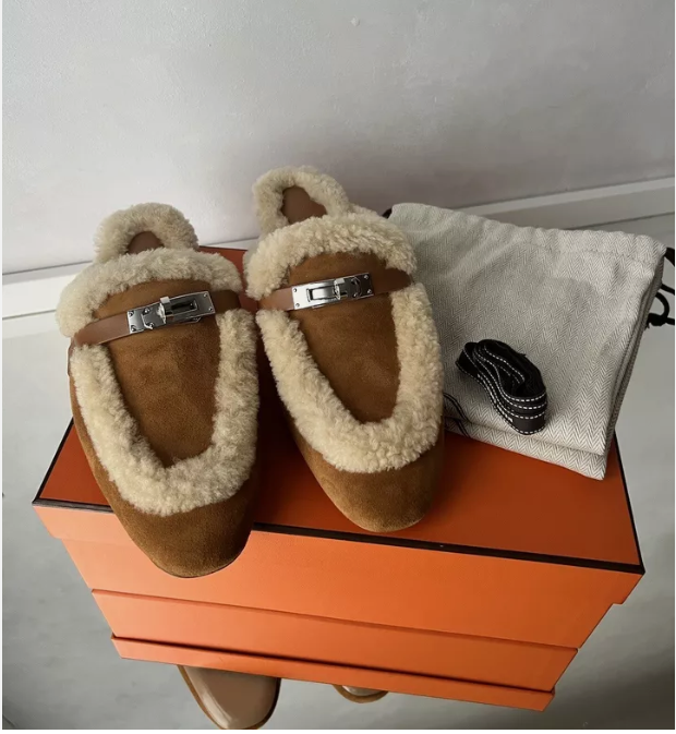 BNIB Hermes Oz Mule Shearling Naturel Suede/calfskin Palladium Hardware Size 37