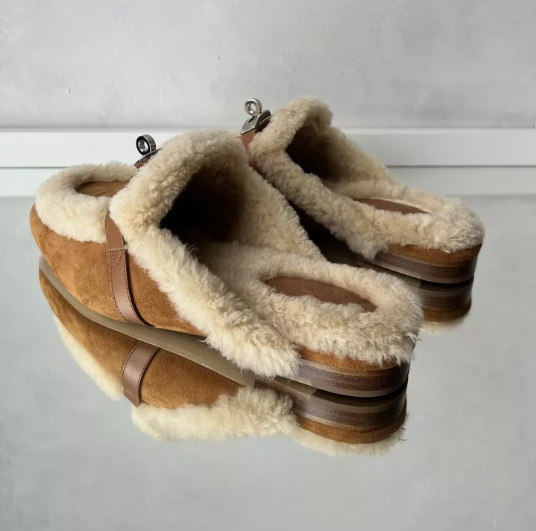 BNIB Hermes Oz Mule Shearling Naturel Suede/calfskin Palladium Hardware Size 37