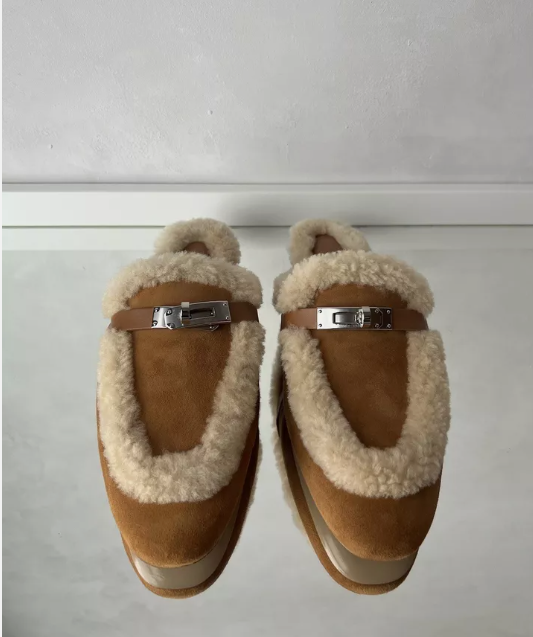 BNIB Hermes Oz Mule Shearling Naturel Suede/calfskin Palladium Hardware Size 37