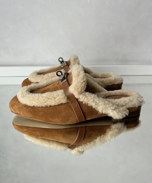 BNIB Hermes Oz Mule Shearling Naturel Suede/calfskin Palladium Hardware Size 37