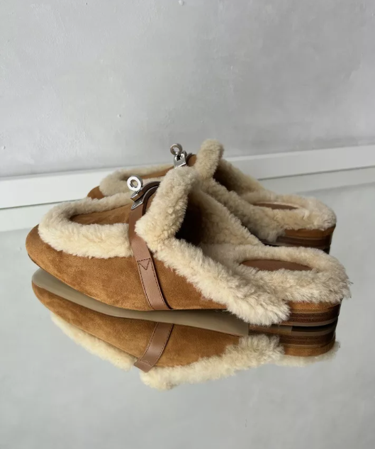 BNIB Hermes Oz Mule Shearling Naturel Suede/calfskin Palladium Hardware Size 37