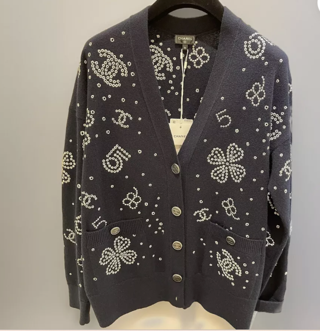 Chanel Cardigan CC Logo 23S Dark Navy Blue Size 34