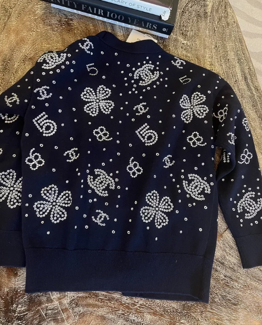 Chanel Cardigan CC Logo 23S Dark Navy Blue Size 34