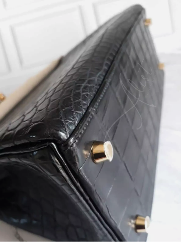 Hermes Kelly 28 Noir/Black Matte Niloticus Crocodile Gold HW NEW Kept Unused