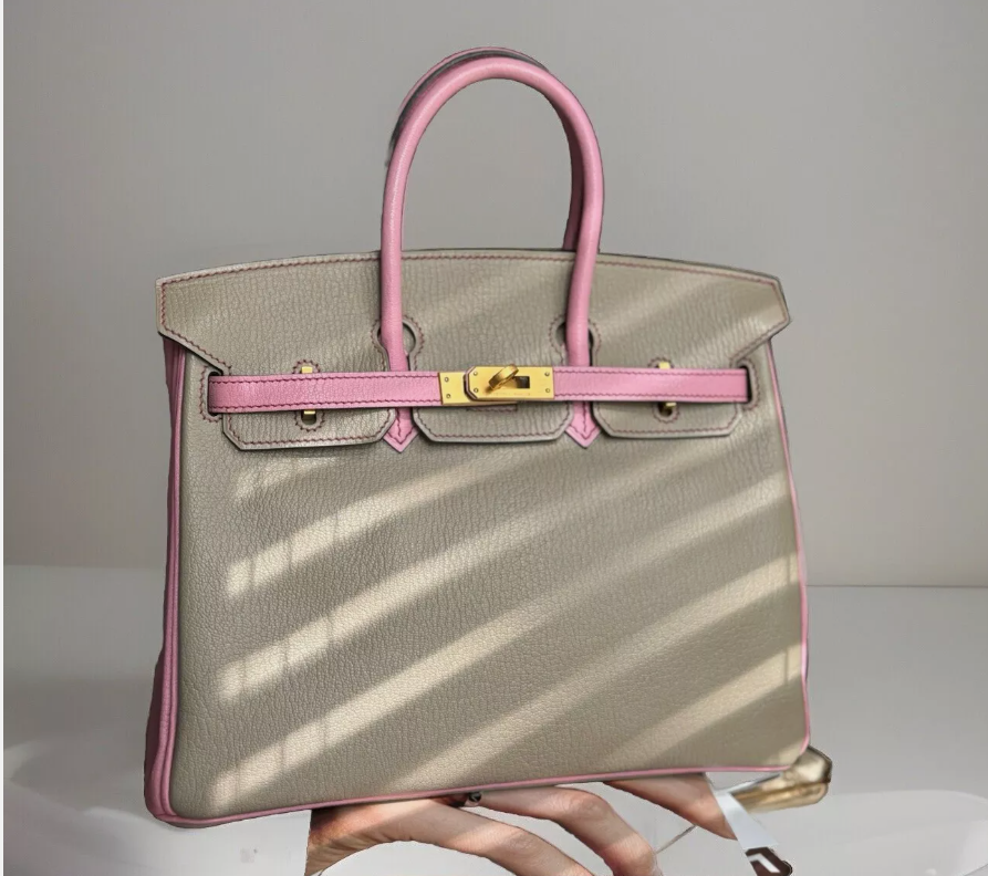 Hermes Birkin 25 HSS Gris Tortuelle / 5P Bubblegum Pink Chevre Brushed Gold HW