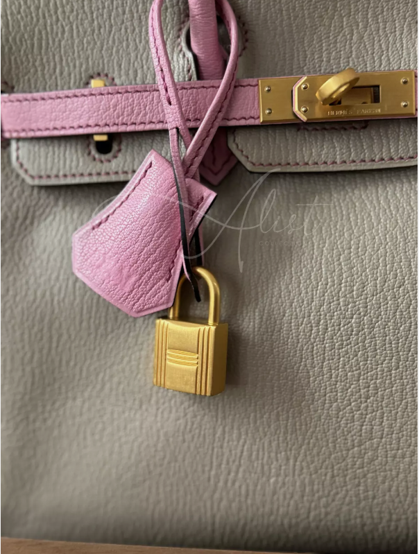 Hermes Birkin 25 HSS Gris Tortuelle / 5P Bubblegum Pink Chevre Brushed Gold HW