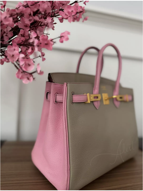 Hermes Birkin 25 HSS Gris Tortuelle / 5P Bubblegum Pink Chevre Brushed Gold HW