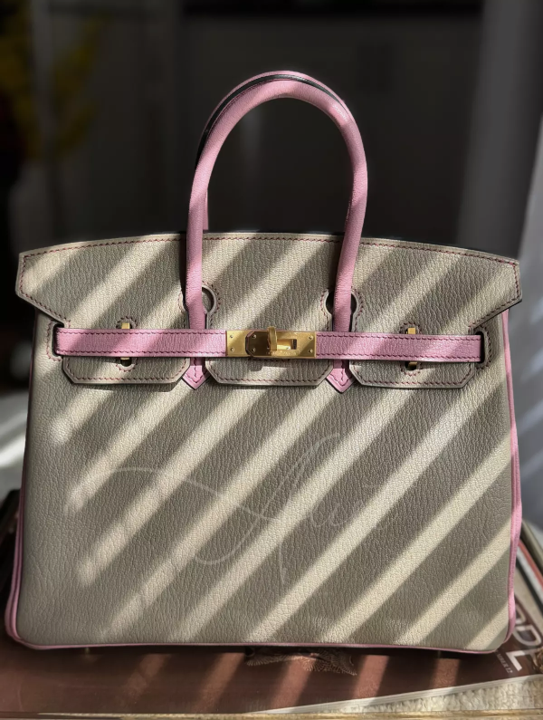 Hermes Birkin 25 HSS Gris Tortuelle / 5P Bubblegum Pink Chevre Brushed Gold HW