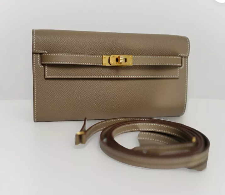 BNIB Hermès Kelly To Go Wallet Etoupe Epsom Gold HW Crossbody With Strap