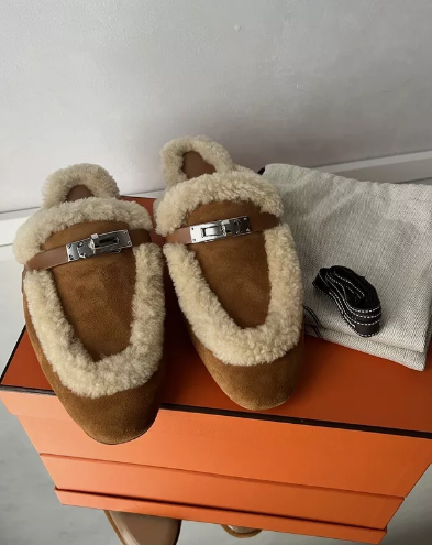 BNIB Hermes Oz Mule Shearling Naturel Suede/calfskin Palladium Hardware Size 38