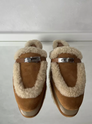 BNIB Hermes Oz Mule Shearling Naturel Suede/calfskin Palladium Hardware Size 38