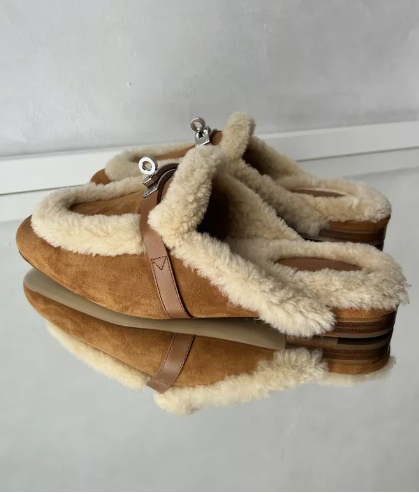 BNIB Hermes Oz Mule Shearling Naturel Suede/calfskin Palladium Hardware Size 38