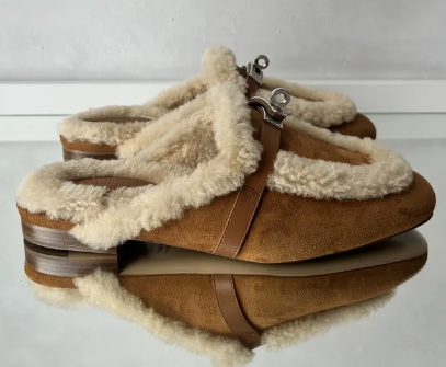 BNIB Hermes Oz Mule Shearling Naturel Suede/calfskin Palladium Hardware Size 38