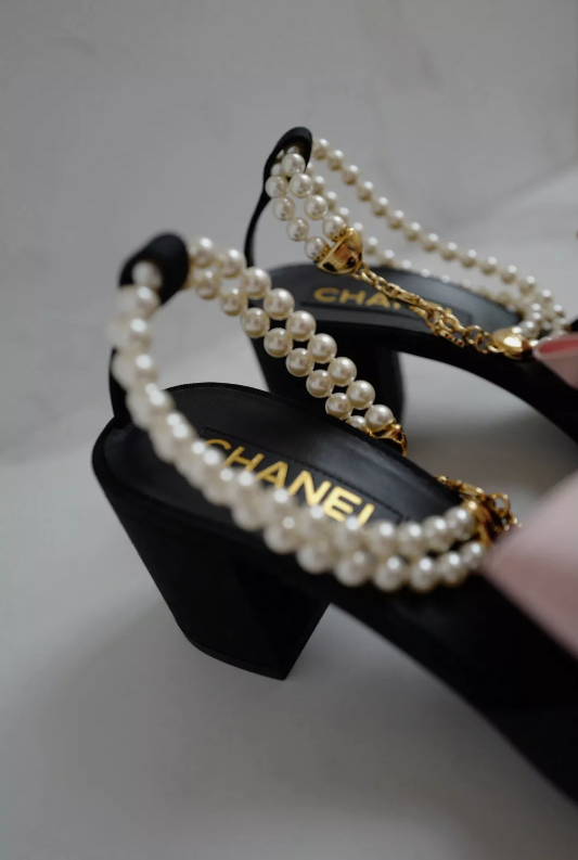 BNIB Chanel 24A Pink Bow Heels with Pearl Strap size 37.5