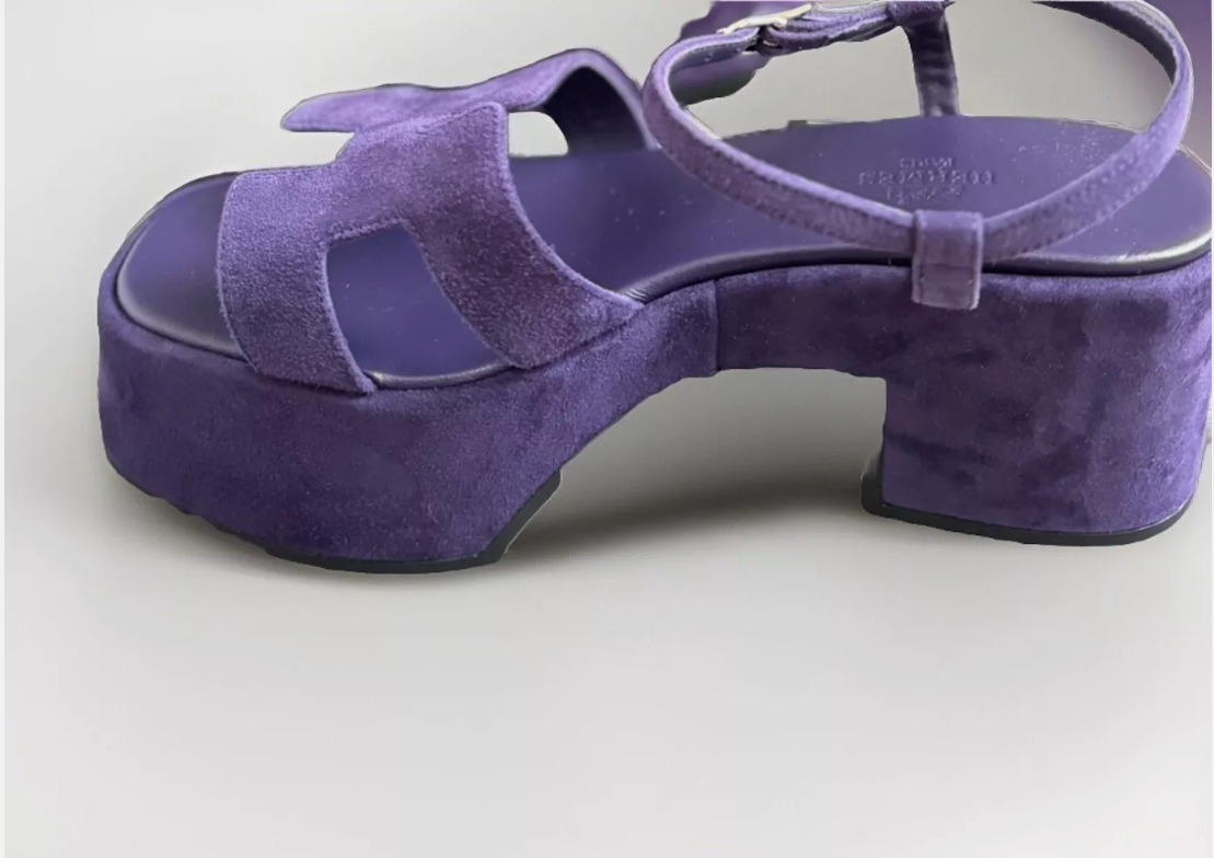 BNIB Hermes Jam 30 H Sandal Wedges Suede In Violet/Amethyst Size 38